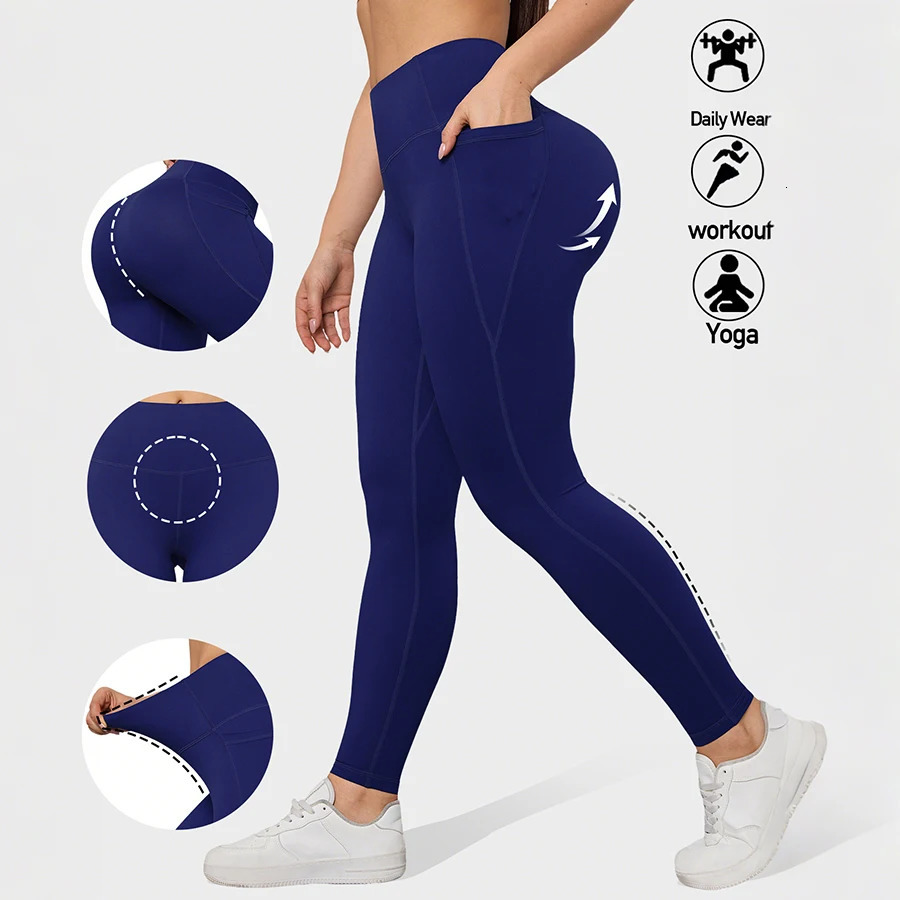 Yoga Pants with Pockets Tummy Control Butt Lifting Fitness Tights Women Solid Color Workout Leggings Sportswear 251010
