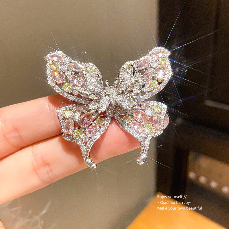 Designer Silver Toned Butterfly Brooch With Pink Sparkling Crystals Delicate Daily & Elegant Jewelry Gift For Her High - Quality And Stylish Accessory