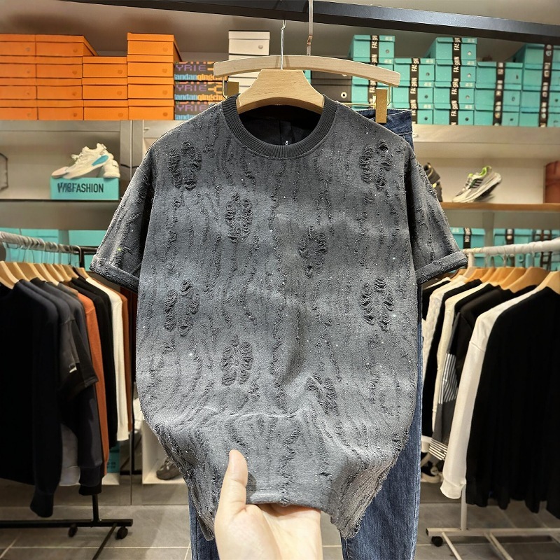 Design Sense Starry Sky Rhinestone T-shirt Designer Shirt Men's 2025 Summer New American Style Trendy Versatile Distressed Gradient Designer Hoodie Short Sleeve