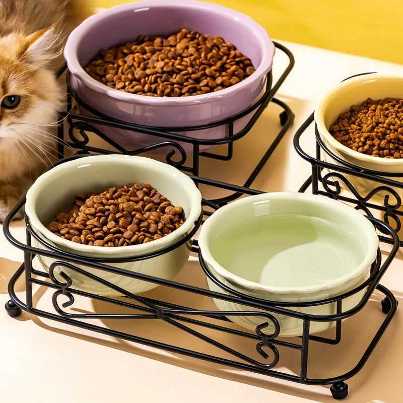 Ceramic Pet Bowl for Cats Dogs Elevated Neck Protection NonSpill Food Water Feeder C251009