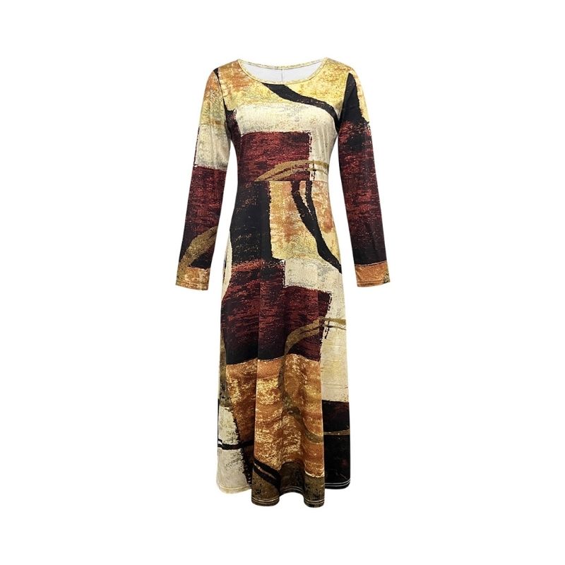 Women's Autumn Winter Fashion Geometric Color - Block Long - Sleeve Dress - Elegant Casual Crew Neck Dress-CF56224