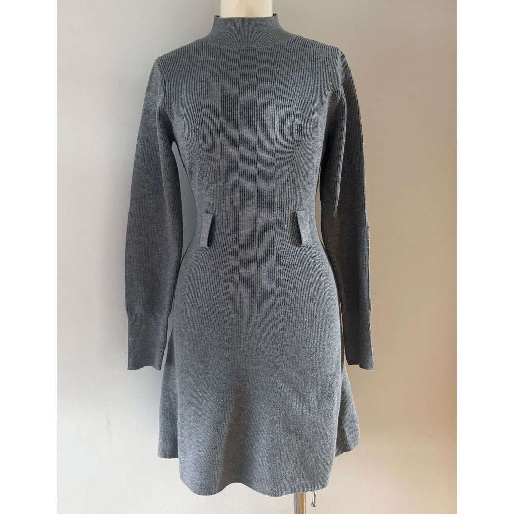 High Neck Autumn Winter Knitted Sexy Sweater Base Layer Waist-Cinching Thickened Dress B5