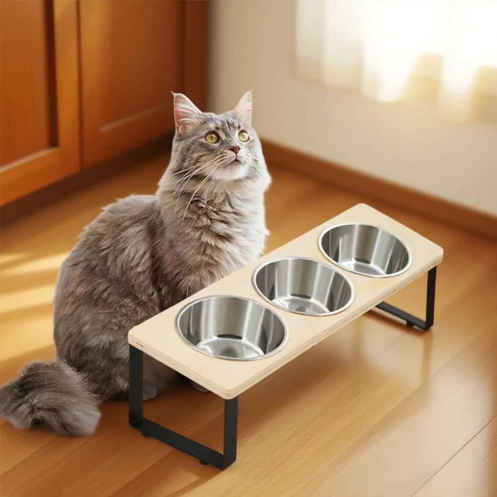 Elevated Cat Bowls with 3 Stainless Steel Bowls 15 Tilted AntiVomiting Raised Cat Food Bowl for Small Cats Puppies Accessories C251009