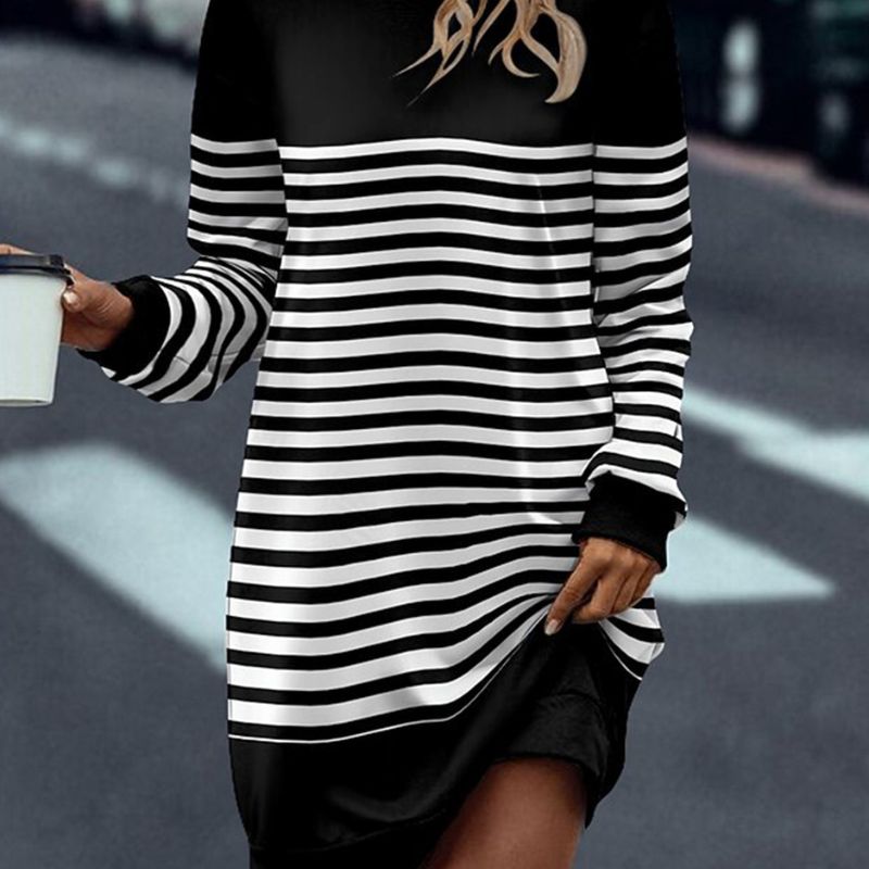 Women's Autumn Winter Striped Print Long - Sleeve Dress - Fashionable Commute & Outdoor Midi Dress-CF56283