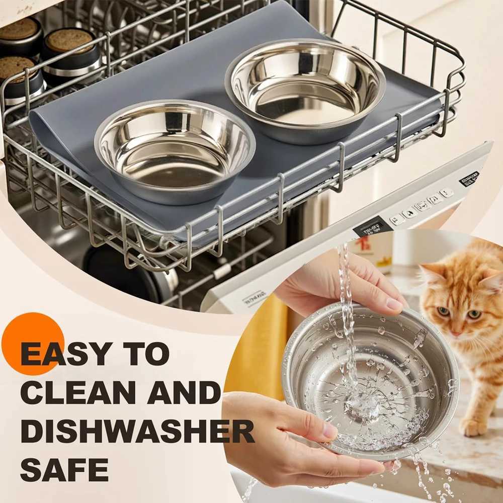 Elevated Cat Bowls with Food Mat 15 Tilted Stand Anti Vomiting Raised Cat Dishes with Silicone Pad for Food and Water for Cats C251009