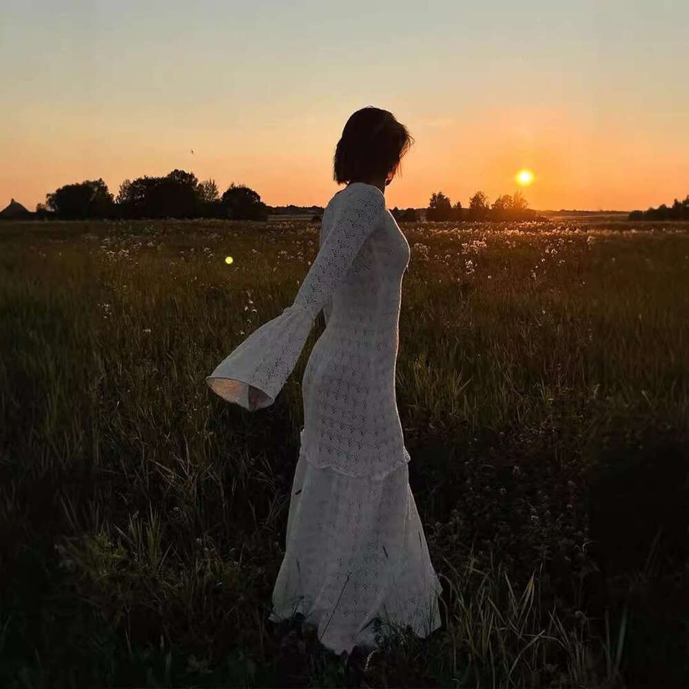 Long Sexy Hollow Out Patchwork Ruffle Sheer Russian Knitted Dress B5