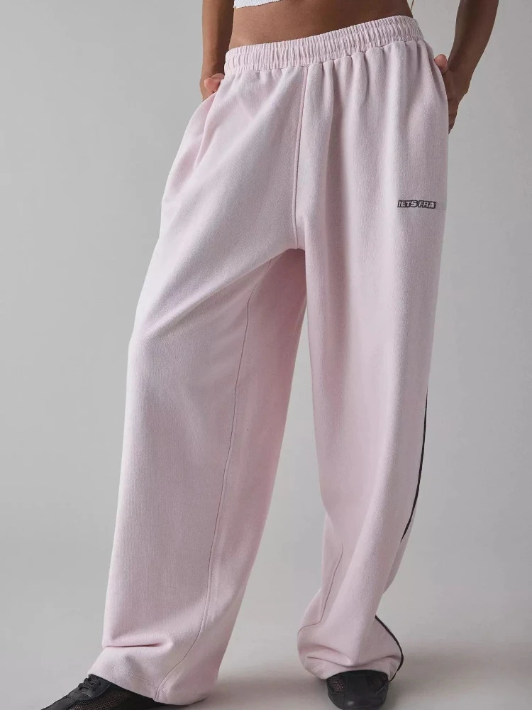 HOUZHOU Women Sports Pants Pink Y2k Baggy Letter Embroidery Gray Sweatpant Casual Wide Leg Trouser Basic Straight Striped Jogger 251010