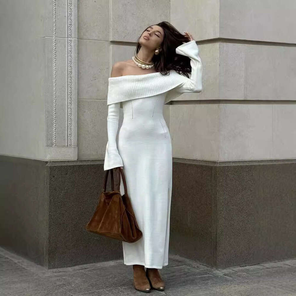 Sexy Autumn Winter Sweater Turn-Down Collar Off-Shoulder Knitted Dress B5