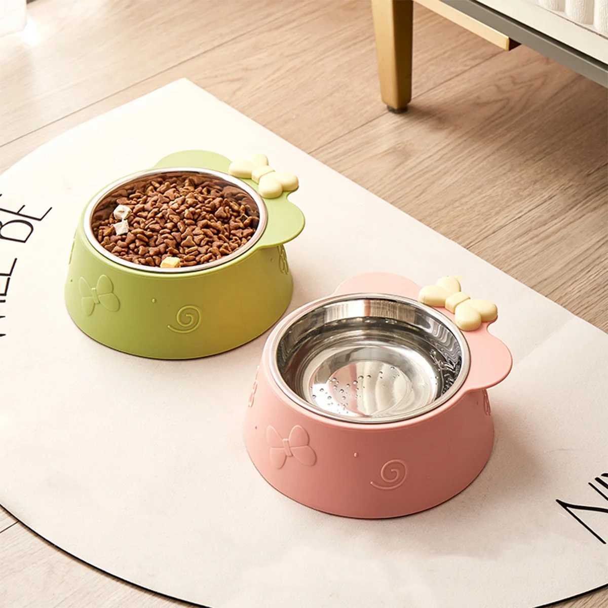 A pet bowl pet stainless steel feeding bowl cat bowl feeding bowl bottom nonslip design cartoon bow style dog bowl pet bowl C251009