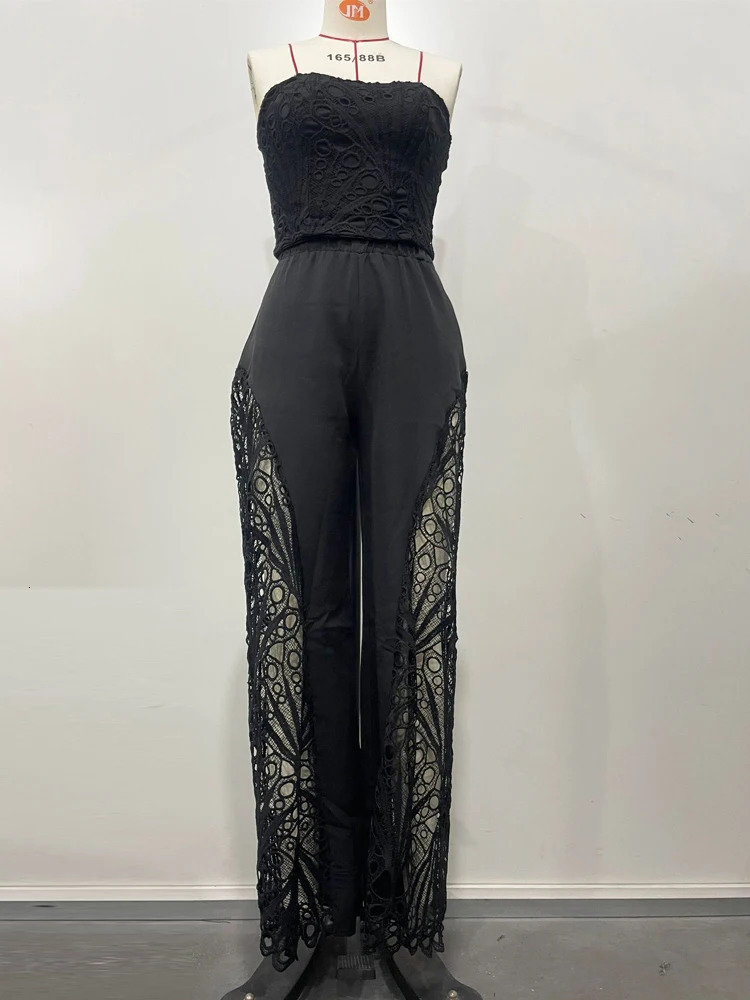 Beyprern Elegant Hollow Out Lace Breast Croset Tube Top And Wide Legs Pants Set Womens Lace Tracksuits Palazzo Set Sexy Clubwear 251008