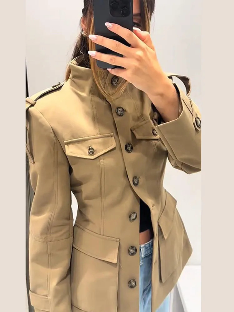 Stand Collar Khaki Cropped Trench Coat Jacket With Pockets Womens Spring Fall Button Front Slim Fit High Street Lady Outerwear251009