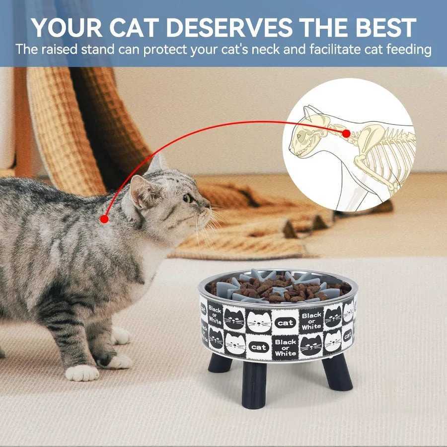 2PCS Elevated Cat Bowls with Slow Feeder Wide Raised Stainless Steel Cat Dishes Plastic Stand Silicone Slow Food Dispenser Whis C251009