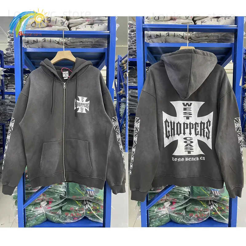 Top Quty Cotton Cross West Coast Choppers Zipper Hoodie Hooded Men Women Vintage Washed Black Oversized Coats With Tag T251010