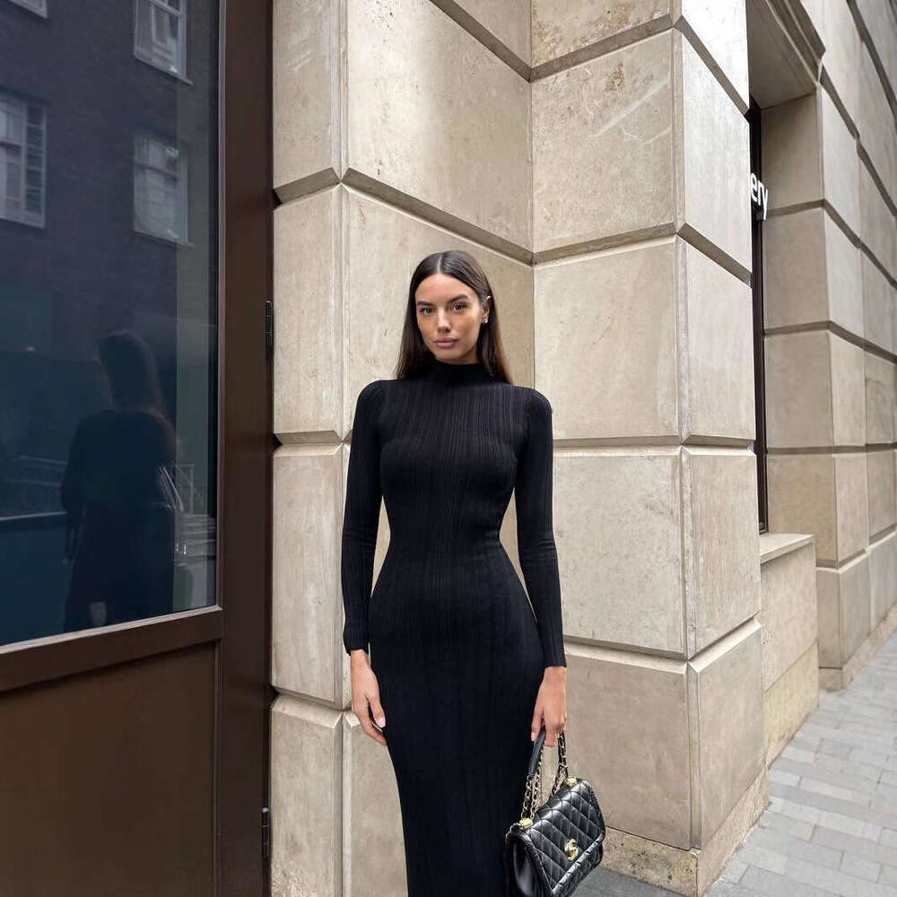 Autumn Winter Long Sleeve Knitted High Neck Tight-Fitting French Elegant Base Striped Sweater Dress B5