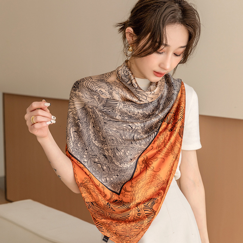 Xiaoxiang Spring Autumn High-end Scarf Imitation Silk Black and White 110cm Large Square Li Brocade Polyester Camellia Sunscreen for Women