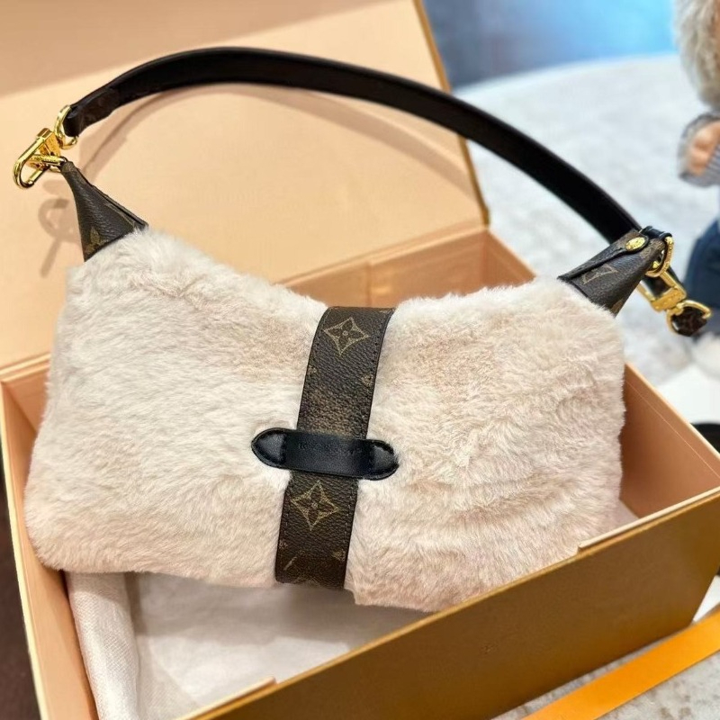 Designer's autumn and winter new fur bag light luxury fashionable and cute French stick bag classic letter flower shoulder crossbody bags