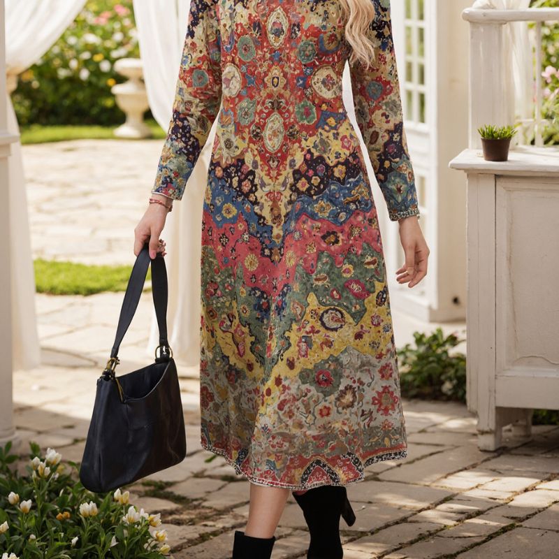 Women's Autumn Winter New Ethnic Printed Midi Dress - Versatile Commute & Vacation Dress-CF56331