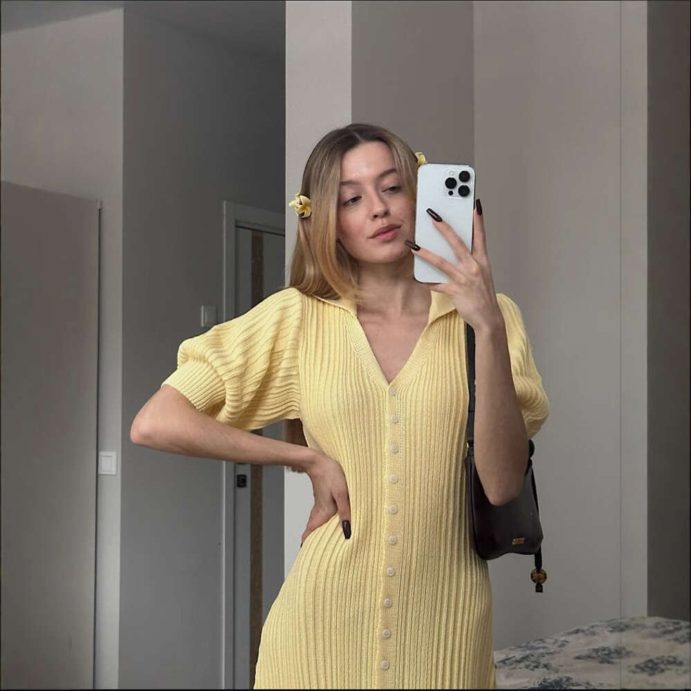 Puff Sleeve Single-Breasted Lemon Yellow Fashion Spring Summer Sexy Knit Dress B5
