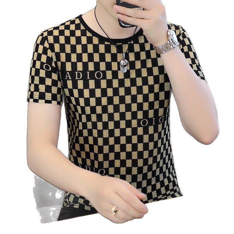 Men's Ice Silk Short Designer Hoodie Sleeve T-shirt Designer Shirt 2025 Summer New Round Neck Half Sleeve Tee Hollow Thin Quick-dry Top