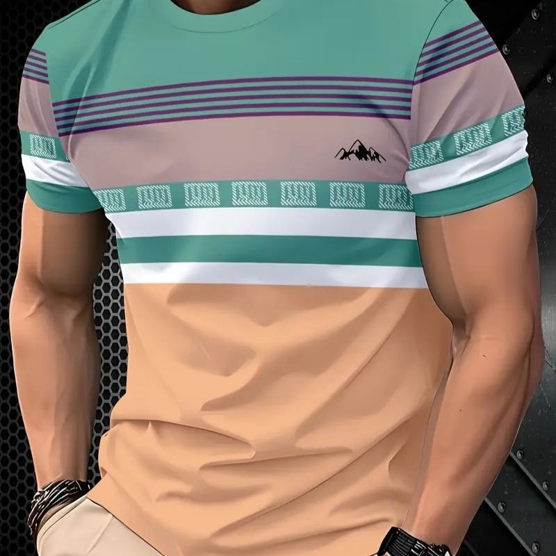 Men's Color Block Striped Casual T-Shirt - Retro Style Short Sleeve Tee-46