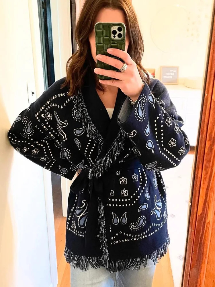 Fashion Tassel Patchwork Knitted Cardigan With Belt Women Long Sleeve Vneck Floral Lace Up Sweater 2025 Autumn Outerwear Street 250929