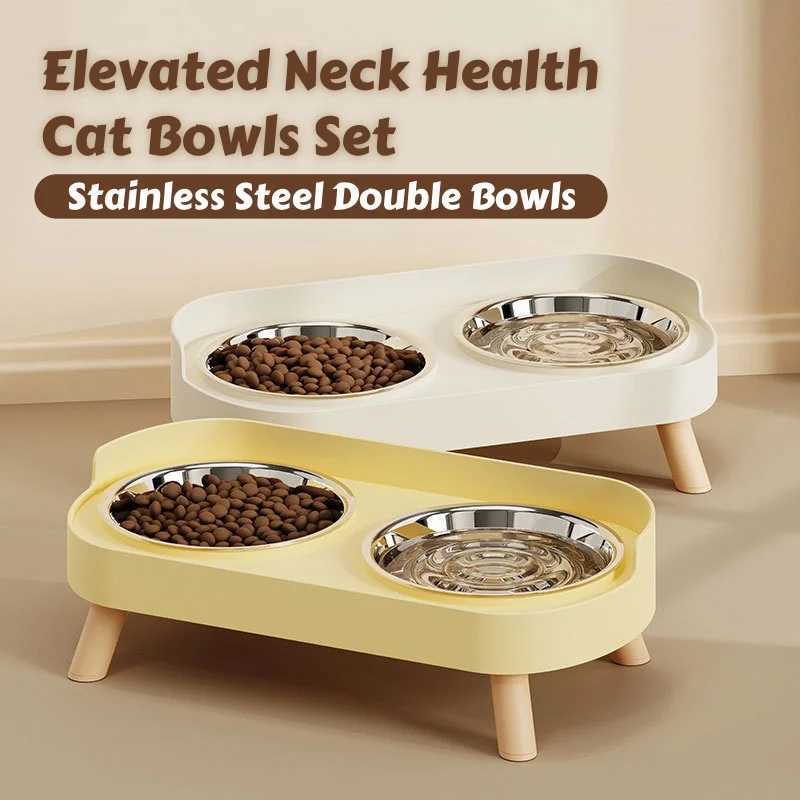 DoubBowls Stainless Steel Cat Feeder Elevated Leg for Neck Health Whisker with AntiSpill Dish with NonSkid Base C251009