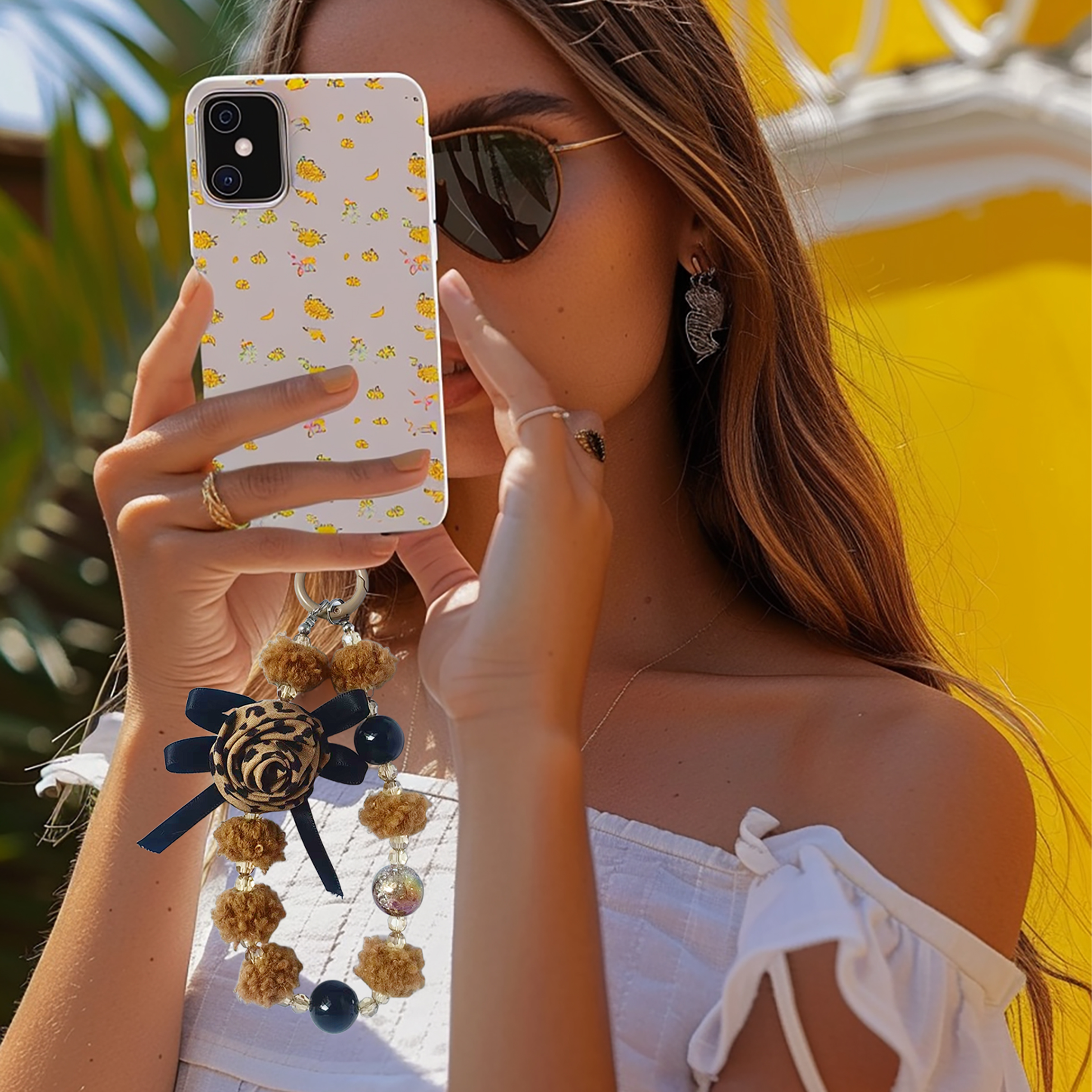 Leopard-print rose, plush ball bead phone strap, creative design, multiple colors available, stylish and versatile, anti-loss, easy to carry