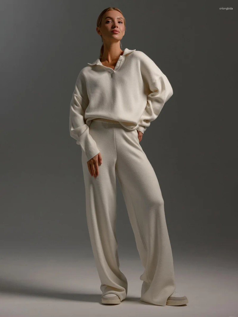 Women's Two Piece Pants Winter Thick Women Knitted 2 Pieces Sets Suits Soft Female Polo Neck Sweater Wide Leg Clothes C260312