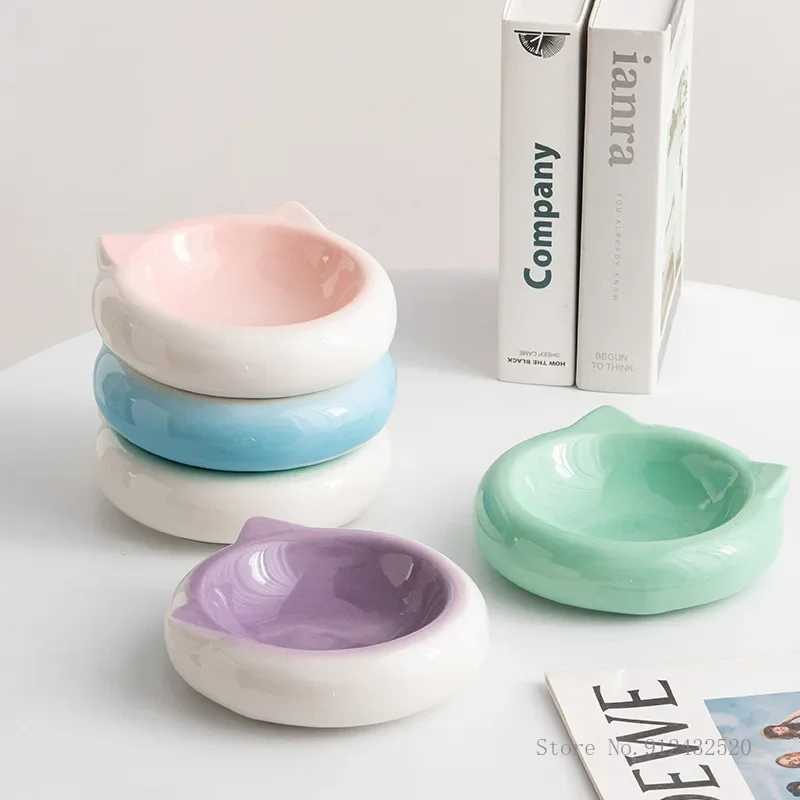 Creative Ceramic Flat Bottomed Cat Ear Shape Food Bowl Dining Plate Anti Overturning Pet Supplies Drinking Bowl 1Pc C251009