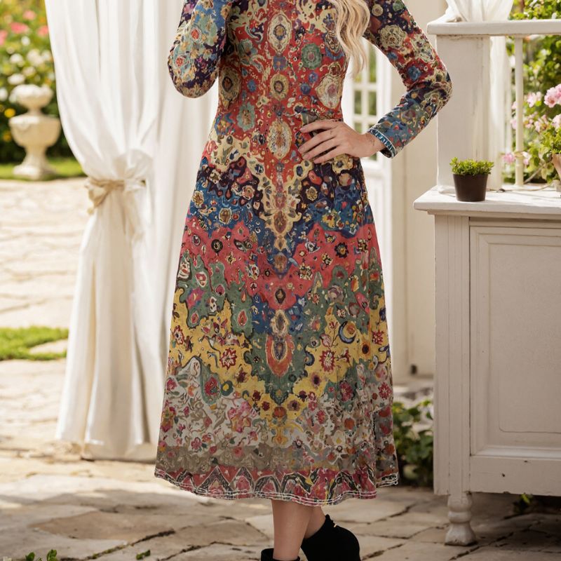 Women's Autumn Winter New Ethnic Printed Midi Dress - Versatile Commute & Vacation Dress-CF56331