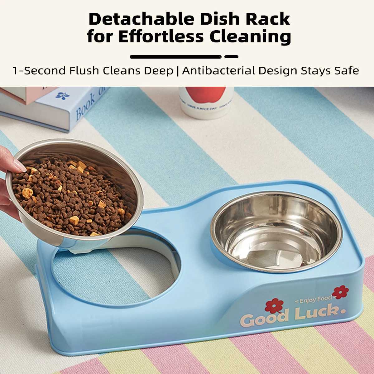 One piece of dopamine foldable stainless steel double bowl antitip and antiblack mouth stainless steel pet bowl dog bowl cat b C251009