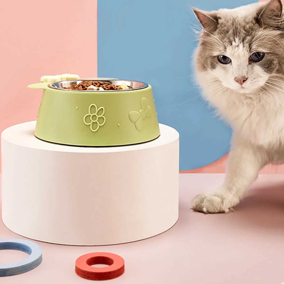 A pet bowl pet stainless steel feeding bowl cat bowl feeding bowl bottom nonslip design cartoon bow style dog bowl pet bowl C251009
