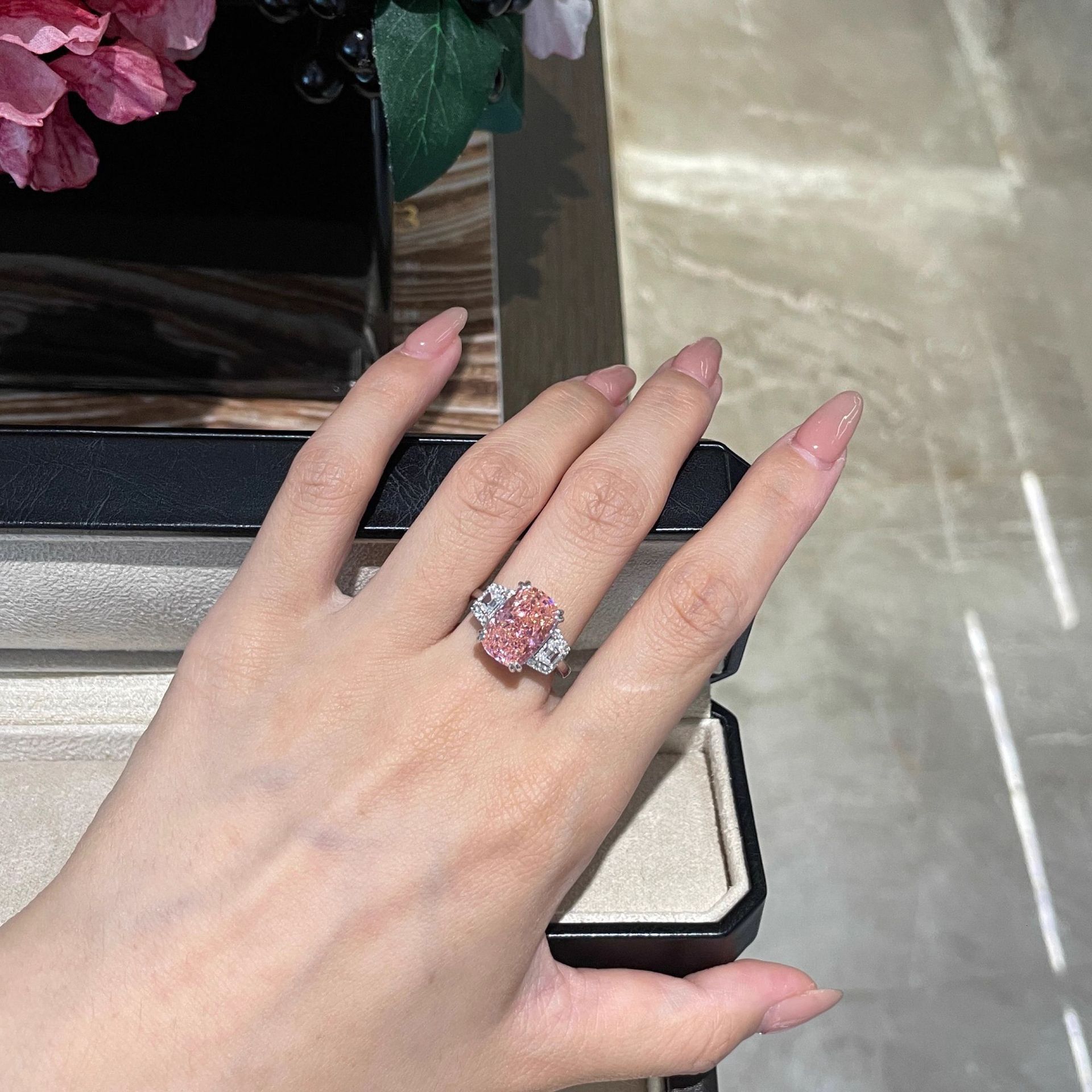 Luxury Brand Designer Jewelry Sotheby's Same Style Luxurious Heavy Craft Artificial Pink Diamond Ring Large Ice Flower Cut Fat Rectangular High C