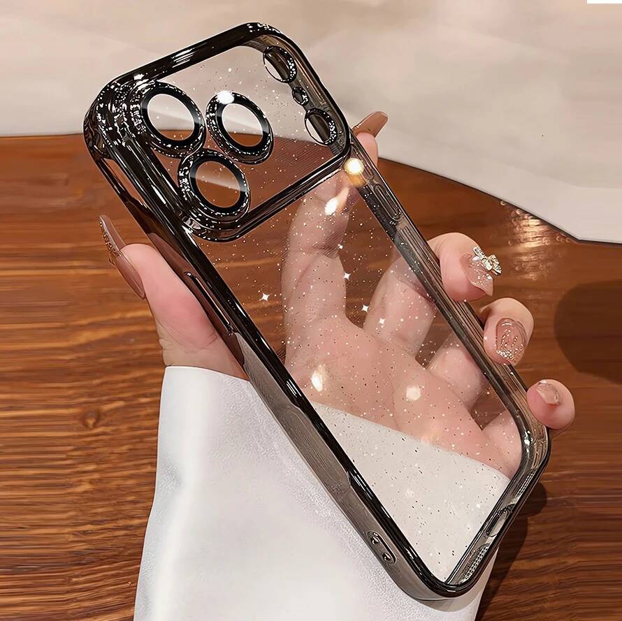 Ultra Thin Slim Transparent Glitter PC Case for iPhone 16 15 14 13 12 11 Pro Max Plus 17 Air Clear Camera Protector New Cover