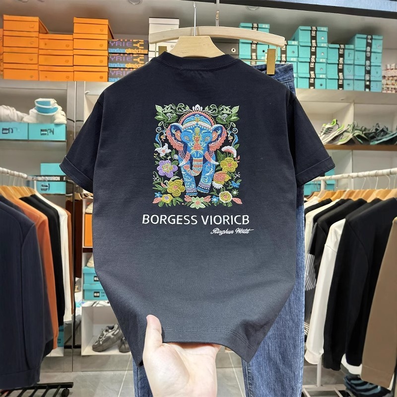 Summer National Trend Short Sleeve T-shirt For Men 2025 New Casual Versatile Designer Designer Shirt Hoodie Half Sleeve Elephant Embroidery Round Neck Loose Top