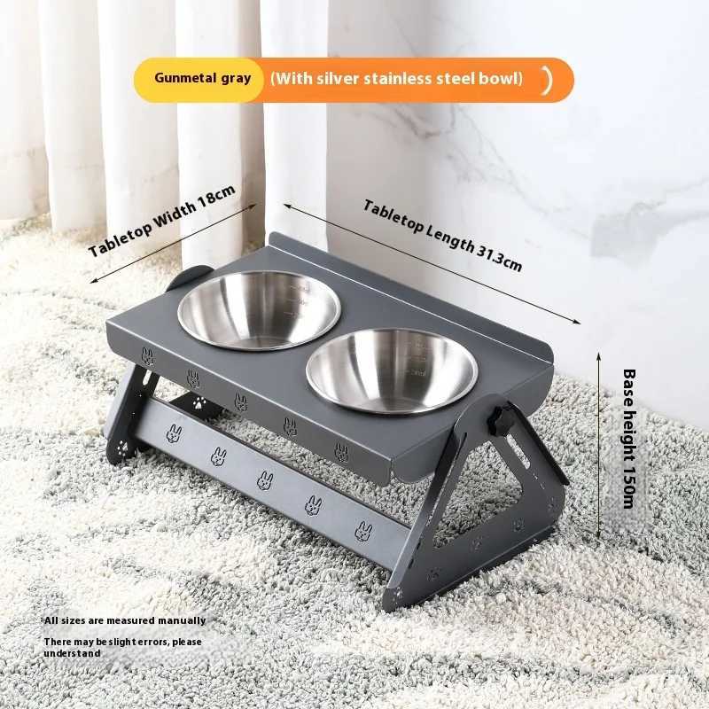 Stainless steel pet bowl rack adjustable height dual bowl drinking water cat food bowl anti tipping cat and dog food bowl C251009