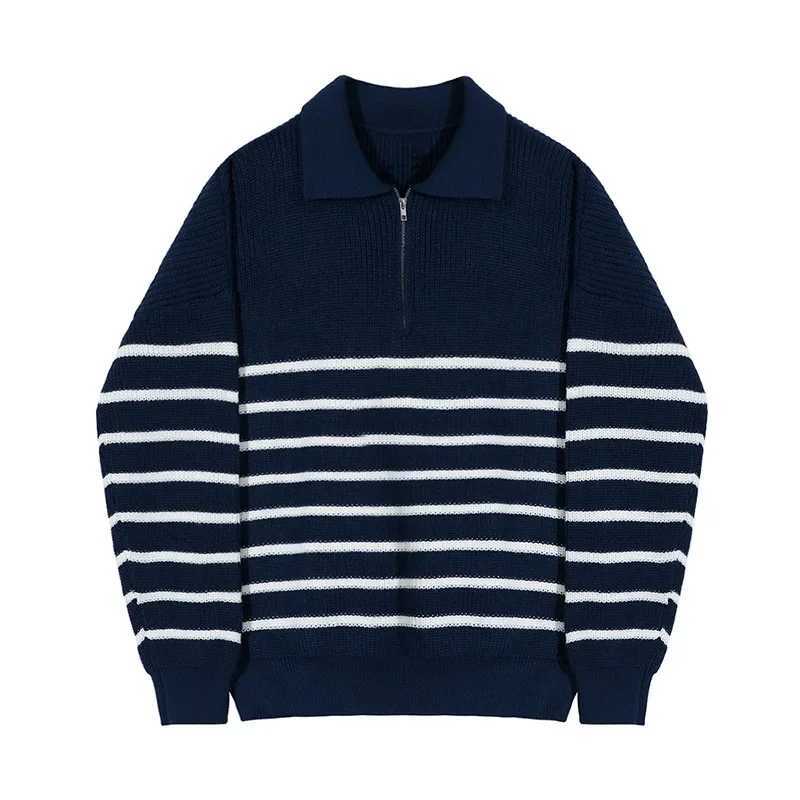 Autumn Korean Mens Light Style Lapel Long Slve Sweater Fashion Highend Loose Retro Casual Half Zip Striped Sweater Top X251010