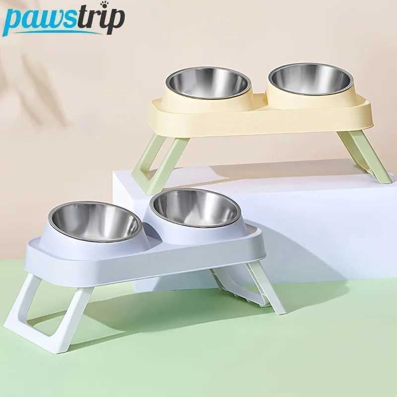 PlasticStainless Steel Foldable Cat Feeder NonSlip Pet Double Bowl With Stand Raised Cat Drinking Bowl Cat Accessories C251009