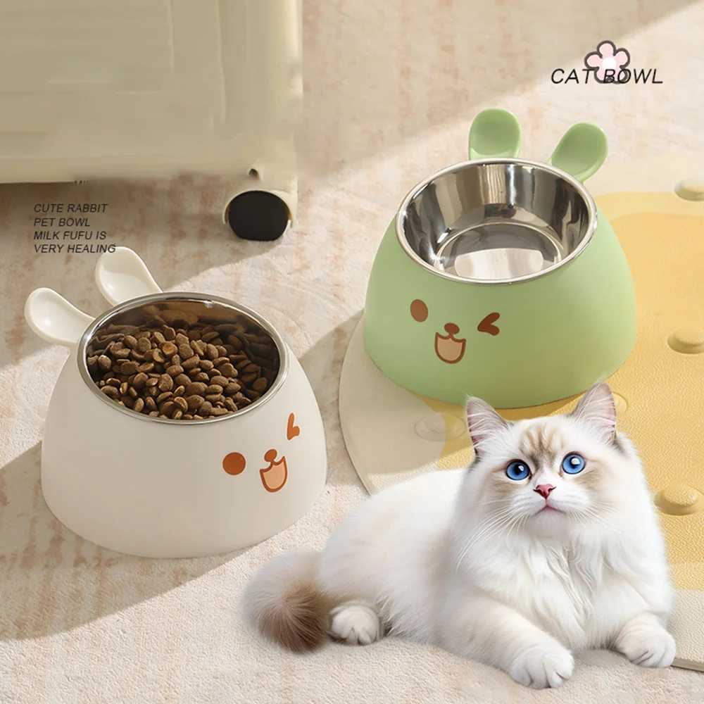 Cute Rabbit Ear Elevated Cat Bowl Stainless Steel Dog Cat FoodWater Bowl AntiSlip Pet Feeding Dish C251009