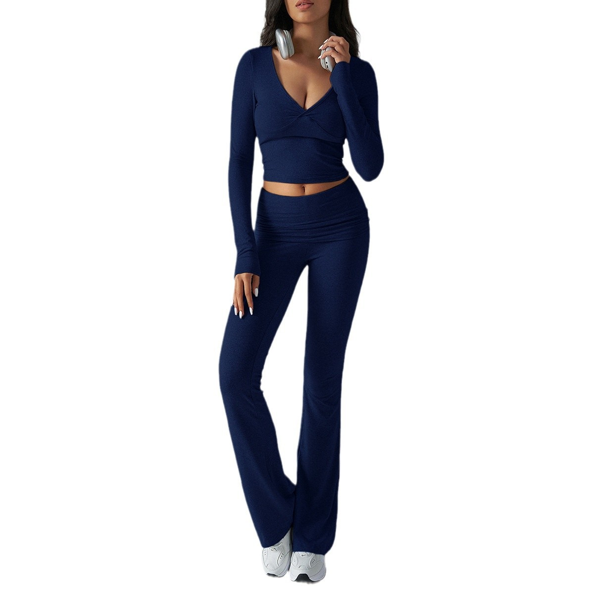 European and American women's clothing Amazon casual sports slim fit knitted long sleeved pants two-piece set