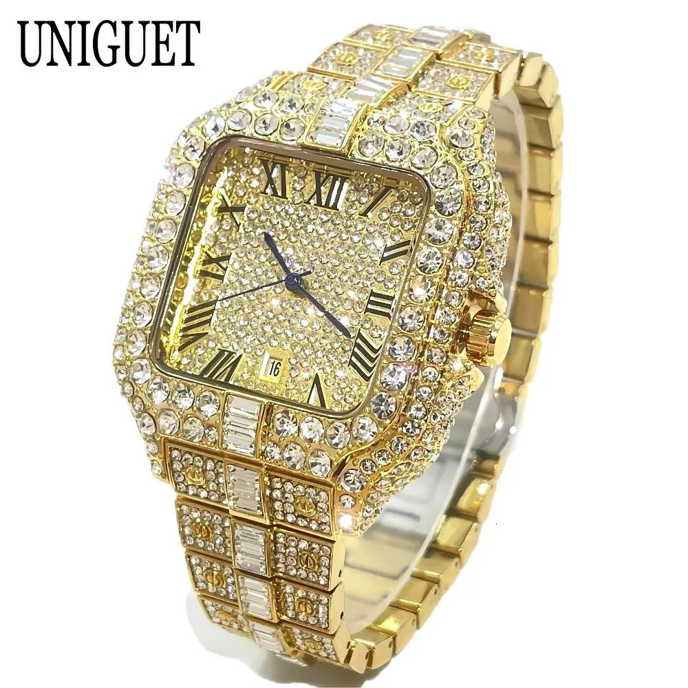 UNIGUET Fashion Watch For Men Rose Square Iced Out Quartz Watch Man Hip Hop Full Diamond Jewelry Wristwatch Reloj HombreU 251107
