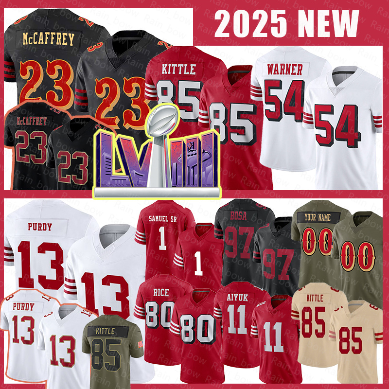 13 Brock Purdy Football Jerseys Fred Warner Christian McCaffrey George Kittle Ricky Pearsall Nick Bosa Jerry Rice Mykel Williams Brandon Aiyuk Jauan Jennings