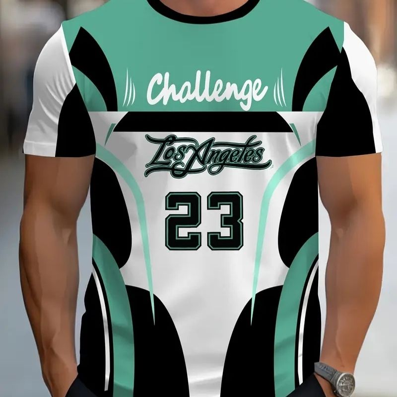 Men's "Challenge 23" Graphic Color Block T-Shirt - Sports-Inspired Casual Tee-41