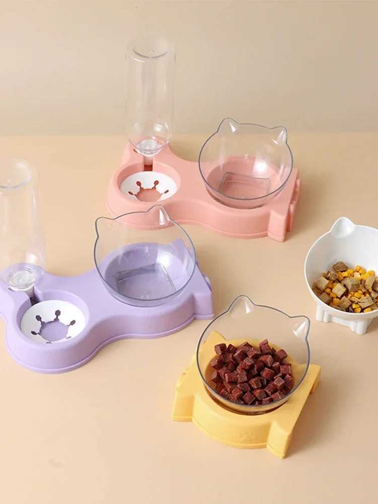 Pet Cat Food Bowl Automatic Feeder AllinOne Splice Dog Cat Food Bowl and Drinking Fountain Drinking Raised Standing Dish Bowl C251009
