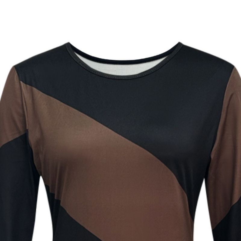 Women's Autumn Winter Fashion Geometric Color - Block Long - Sleeve Dress - Elegant Casual Crew Neck Dress-CF56221