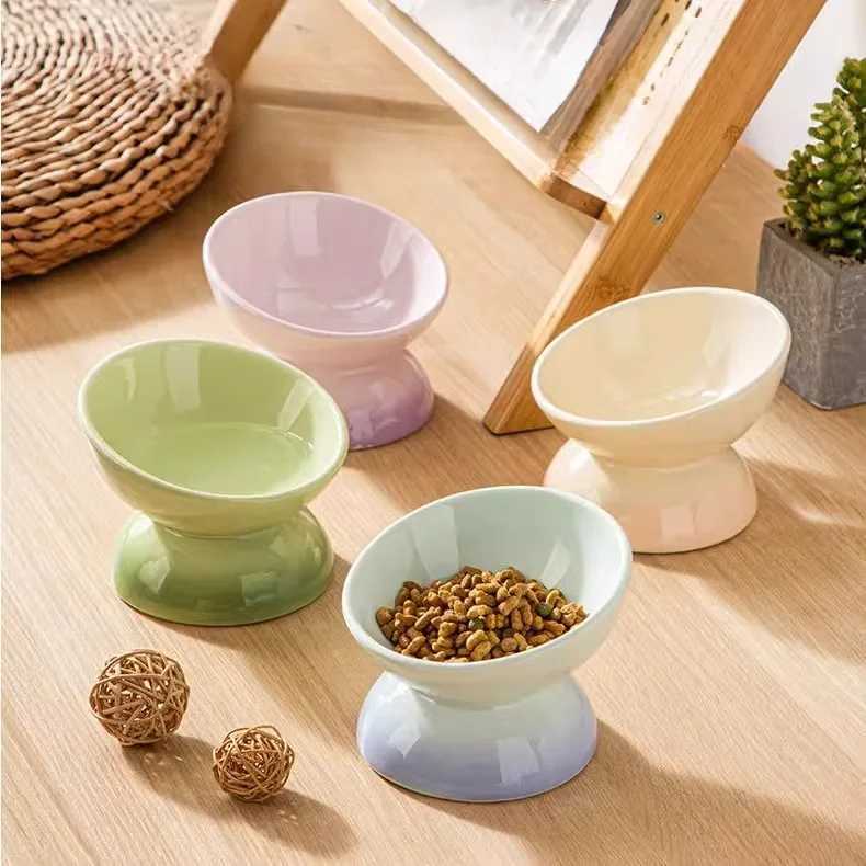 Cat Ceramic Bowl Gradient Pet Food Water Feeders Small Dogs Drinking Eating Supplies Raised Tilted Cats Puppy Feeding Supplies C251009
