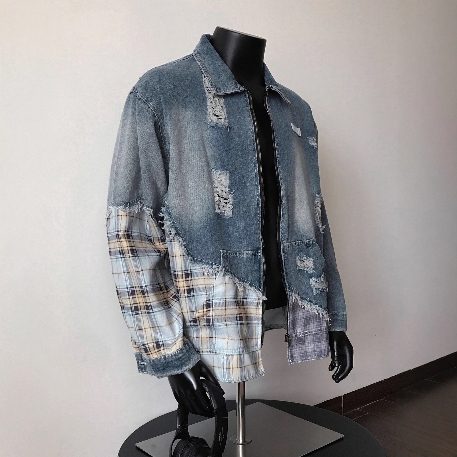 ABOORUN Hi Street Ripped Patchwork Denim Jackets Mens Vintage Turtleneck Cotton Coat 250806