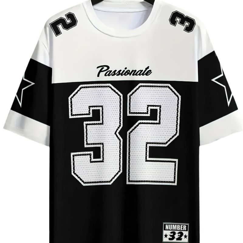 Men's Sports-Inspired "Passionate 32" Number & Star Graphic Color Block T-Shirt-40