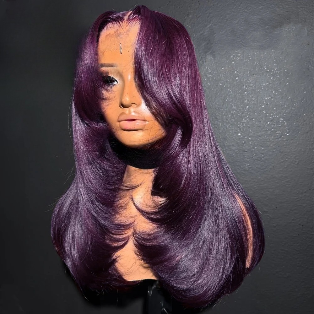13X6 Dark Purple Straight Lace Front Wigs Layered Cut Wig 13x4 Hd Lace Wig Pre Plucked Pre Cut Pre Bleached Glueless Lace Wigs For Women