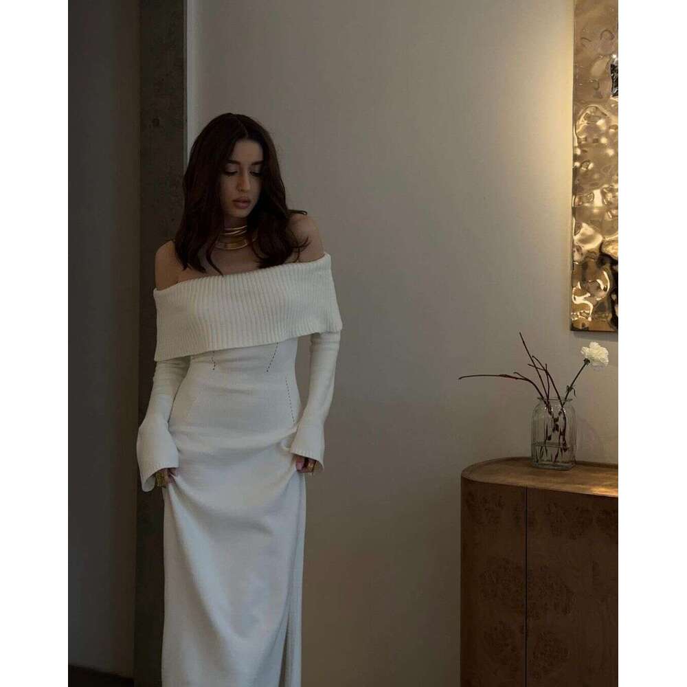 Sexy Autumn Winter Sweater Turn-Down Collar Off-Shoulder Knitted Dress B5